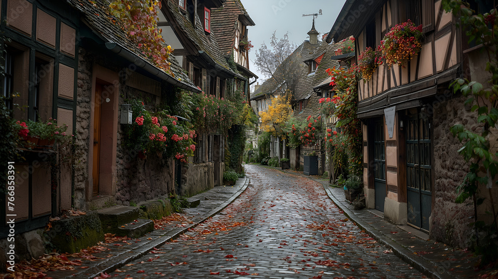 Fototapeta premium Alsace's Allure: Charming Half-Timbered Houses Bask in Sunlight on the Way to Strasbourg
