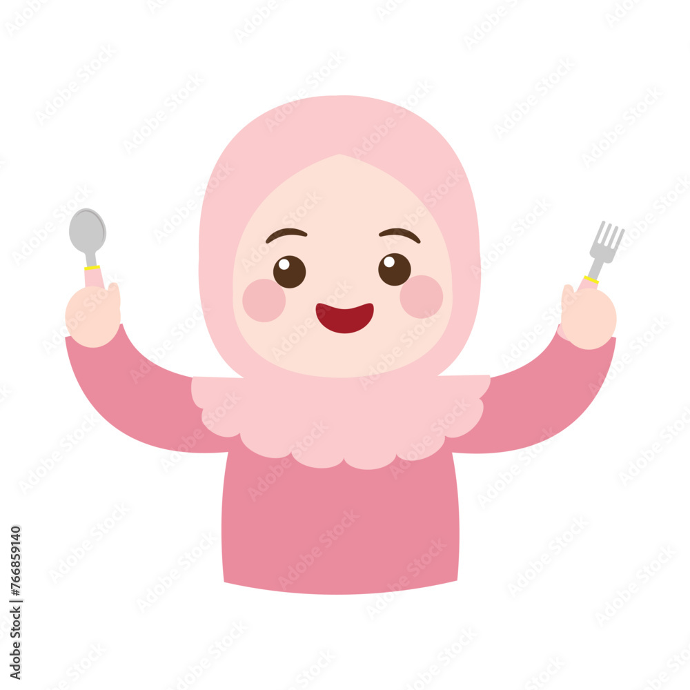 Cute hijab girl with spoon and fork Cute hijab girl with spoon and fork