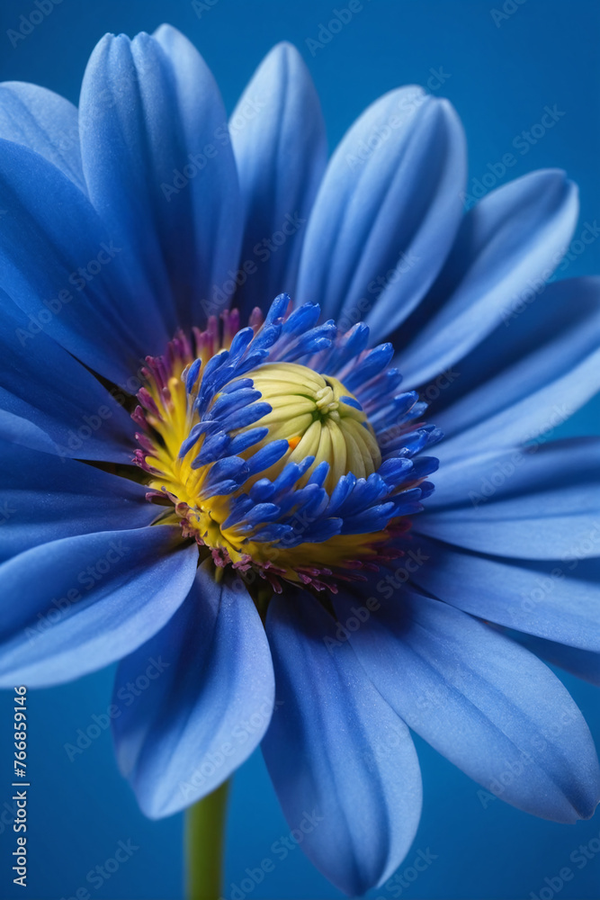 Obraz premium A close-up view of a vibrant blue flower standing out against a lush blue background, creating a visually striking contrast