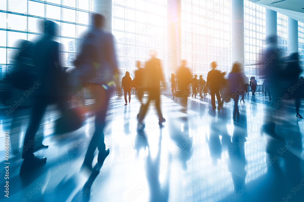 Lights and motion blur abstract blurred people walking in a modern hall. Wide panoramic view of blurred people crossing the road.