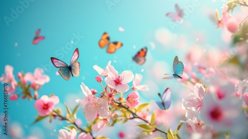 Vibrant butterflies flutter among delicate pink cherry blossoms against a clear blue sky