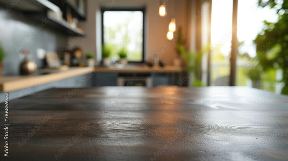 The rustic texture of a black wooden table stands out in a sunlit modern kitchen with lush greenery visible through the window, offering a homely yet contemporary vibe