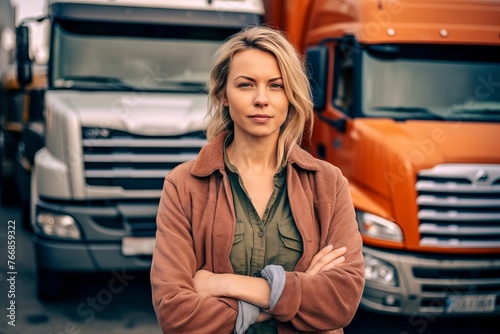 portrait of beautiful woman standing with crossed arms near big truck in warehouse
