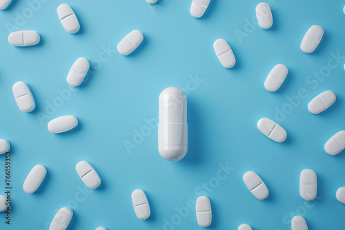 One white pill on a blue background. White medication tablet capsule on blue background. Pharmaceutical pill on blue background