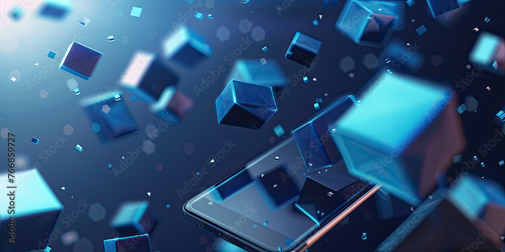 3D Smart phone with virtual digital blocks and security blockchain technology idea concept design 3D Smart phone with virtual digital blocks and security blockchain technology idea concept design