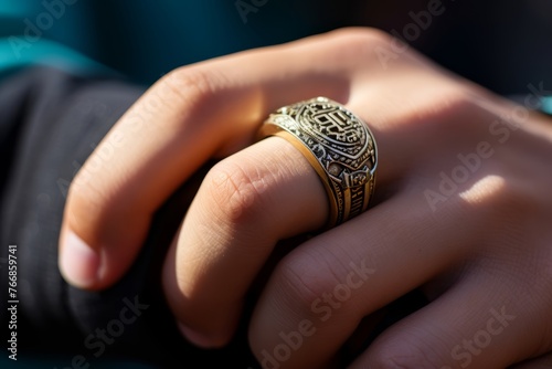 
A close-up of a graduate's hands, proudly displaying their class ring or graduation bracelet