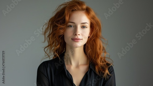Portrait of red-haired woman in a sleek black blouse, her striking hair flowing in soft waves, embodies bold sophistication against a muted backdrop