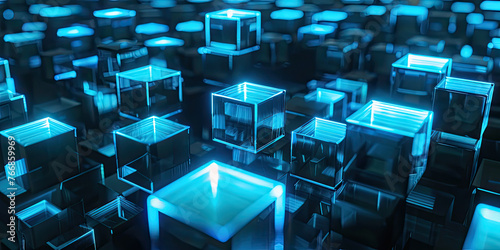 virtual icon of blockchain technology with cubes blue glowing
