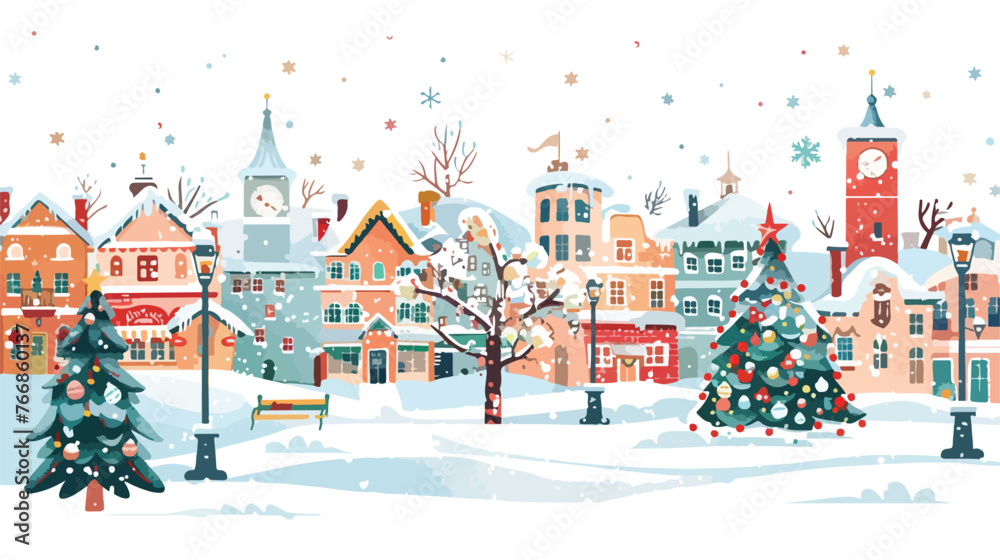 Winter Christmas city with trees and houses and street 