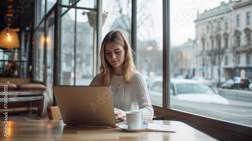 A serene young woman concentrating on her laptop in a cafe with a street view