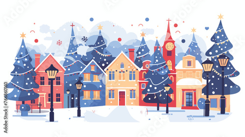 Winter Christmas city with trees and houses and street  © Aliha