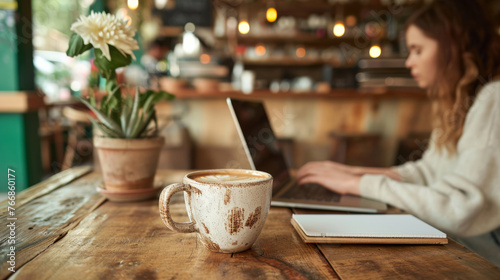 Freelancer workspace with coffee in a cafe. A speckled mug of coffee in focus on a worn wooden table, with a woman working on a laptop and a potted flower in a cozy cafe setting © mikeosphoto