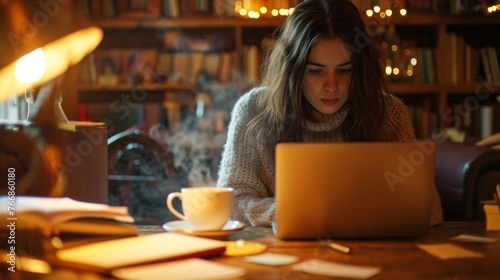 A focused individual working on a laptop at a wooden desk with a cup of coffee, in a warm, cozy library cafe environment