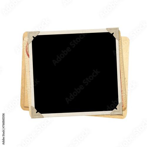 Retro photo frame, vintage envelope and old paper card. Nostalgic scrapbooking backdrop. Mockup template. Copy space for text. Isolated on white background