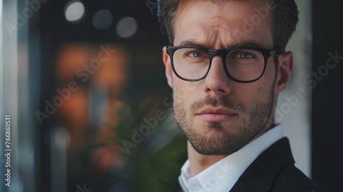 handsome adult businessman closeup in an office environment showing confident corporate leader and professional attitude