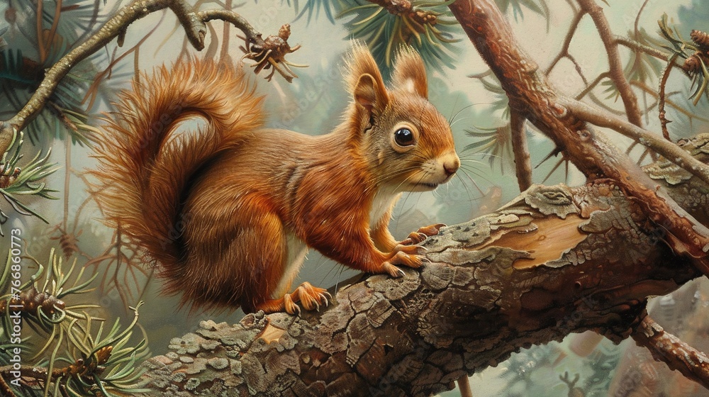 red squirrel closeup sitting on a tree branch showing vibrant and active nature in a forest environment red squirrel closeup sitting on a tree branch showing vibrant and active nature in a forest environment