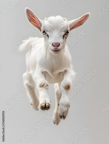 Adorable White Goat Kid Standing in Lush Grassy Field with Attentive Gaze