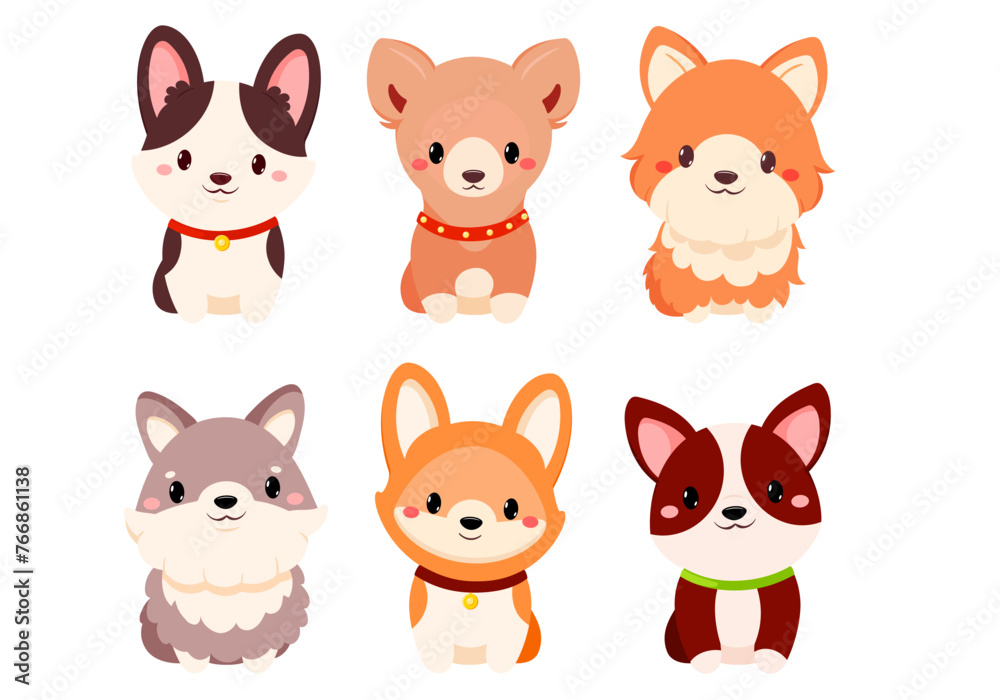 Set of cute cartoon dogs. Baby collection of avatar with puppy. Vector illustration EPS8