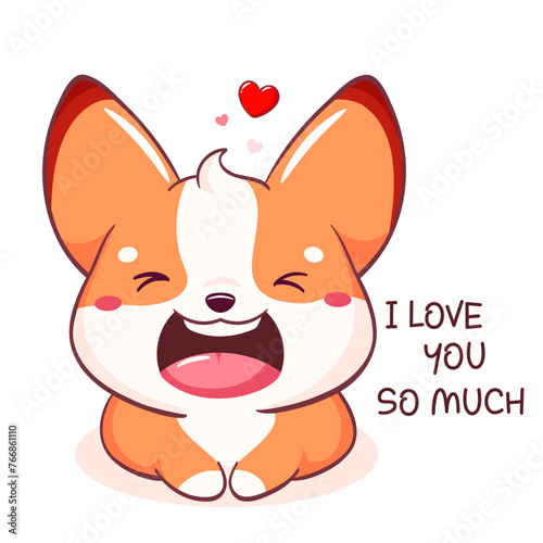 Cute Valentine card in kawaii style with corgi puppy. Little dog with pink heart. Inscription I love you so much. Can be used for t-shirt print, sticker, greeting card design. Vector illustration EPS8