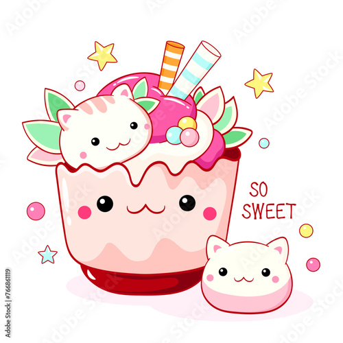 Cute cat-shaped dessert in kawaii style. Cake, muffin and cupcake with whipped cream and berry. Inscription So sweet. Can be used for t-shirt print, sticker, greeting card. Vector illustration EPS8