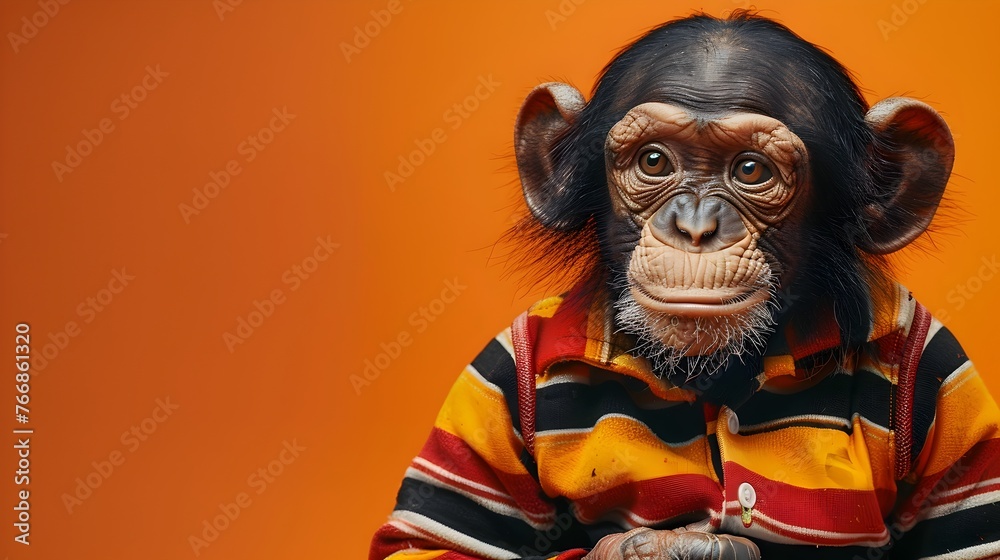 Fashionable Chimpanzee Wearing Striped Jacket in Vibrant Orange Scene