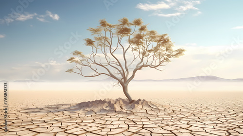 Lonely green tree on cracked arid terrain