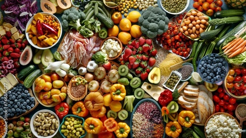 The image shows a top view of a selection of healthy food options.