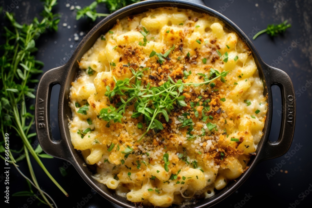 Overhead shot of French Onion macaroni and cheese topped with breadcrumbs and fresh herbs, highlighting the fusion of flavors in this innovative twist on a classic dish Overhead shot of French Onion macaroni and cheese topped with breadcrumbs and fresh herbs, highlighting the fusion of flavors in this innovative twist on a classic dish