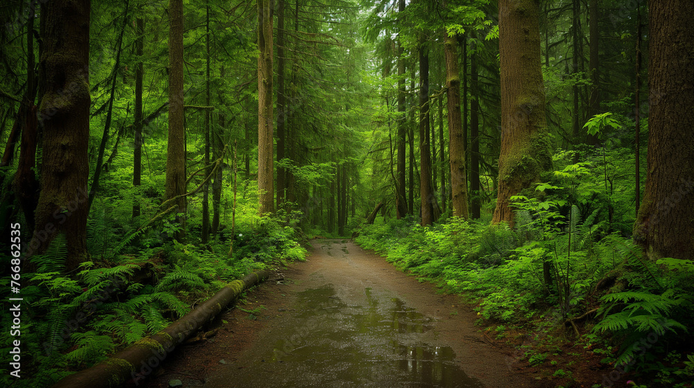 Obraz premium Lush Greenery on a Misty Forest Trail