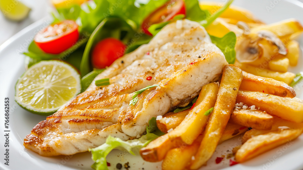 Crispy Fish Fillet with Fries on White Plate Crispy Fish Fillet with Fries on White Plate