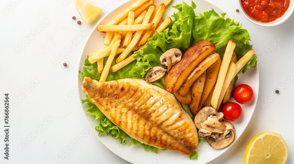 Crispy Fish Fillet with Fries on White Plate Crispy Fish Fillet with Fries on White Plate