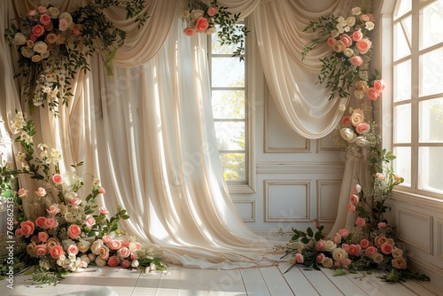 The interior design of the room includes plants, flowers, and curtains in front of a window, enhancing the property with a natural touch