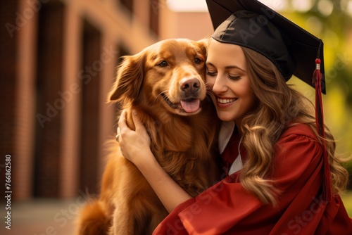 Photography touching moment of a graduate receiving a warm hug from their beloved pet, celebrating together
