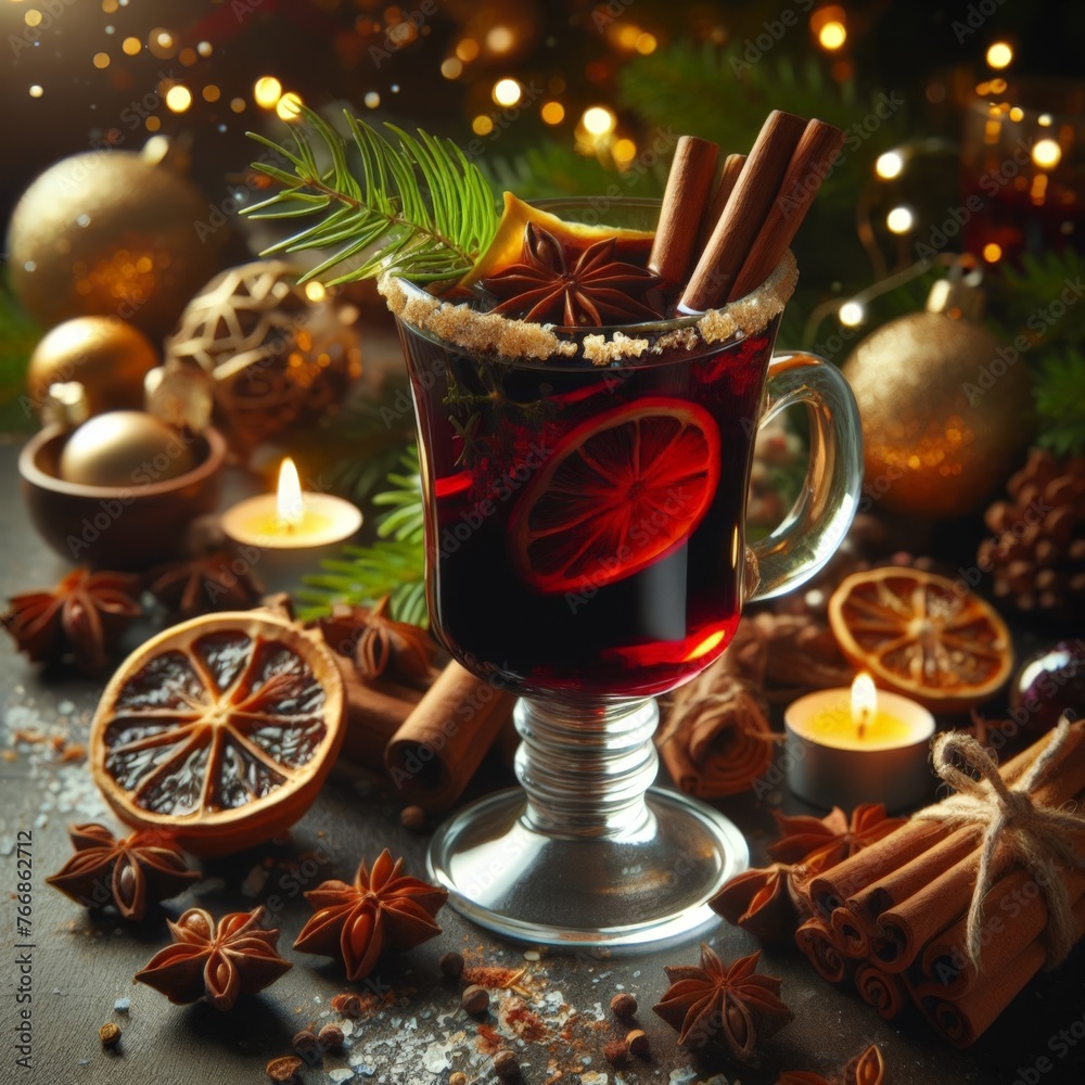 Glass of warm mulled wine with spices and Christmas decoration
