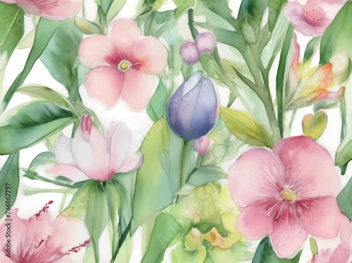 カラフルな春の花の水彩イラスト Generative AI
