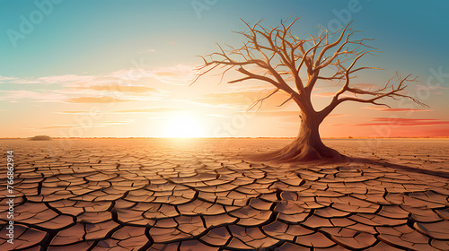 Lonely green tree on cracked arid terrain