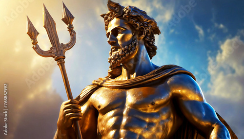 Ancient bronze statue of Neptune or Poseidon, Roman God of the sea and the water with the trident, against a blue sky with clouds and copy space. Generative Ai. photo