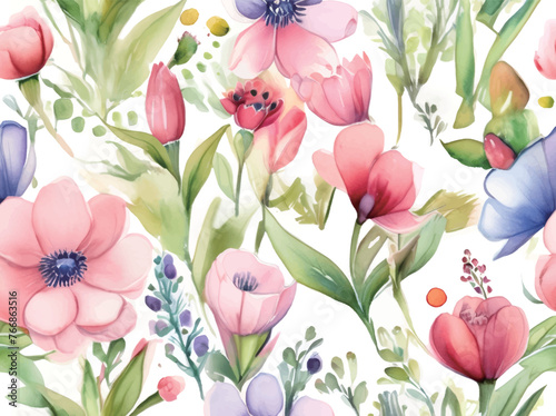 カラフルな春の花の水彩イラスト　Generative AI