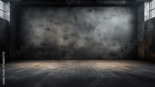 Dark grey gradient background spotlight on empty studio room. Empty dark abstract cement wall and studio room with smoke float up interior texture for display products wall background. photo