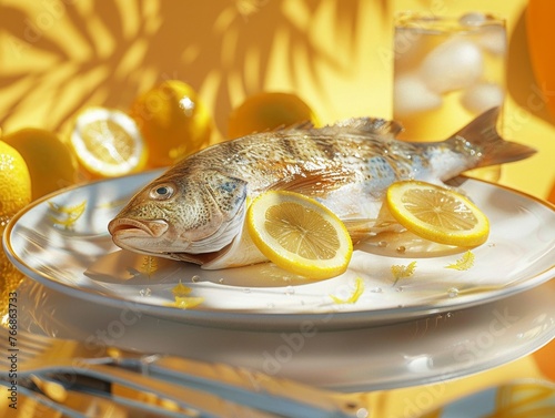 Readytocook Sea Bass with lemon slices, beside chilled lemonade, vibrant table scene , 3D render photo