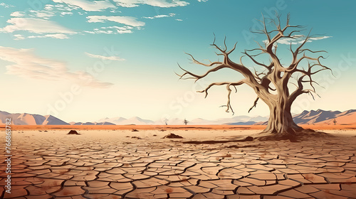 Lonely green tree on cracked arid terrain