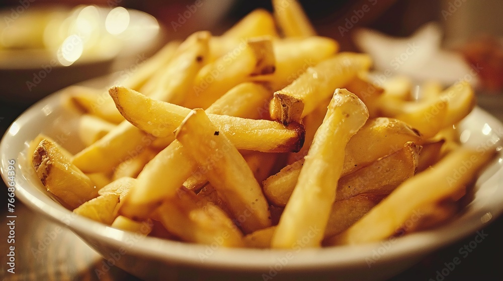 detailed closeup of french fries served on a table in a restaurant, highlighting the crispy texture and golden color of this popular fast food snack detailed closeup of french fries served on a table in a restaurant, highlighting the crispy texture and golden color of this popular fast food snack