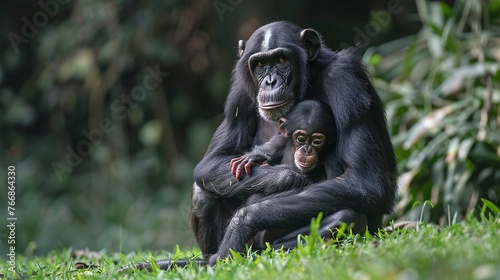 close-up of a female bonobo and her baby sitting peacefully on the grass, representing the natural setting and family dynamics of these endangered primates