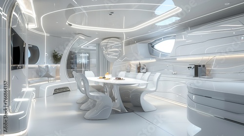 Futuristic dining room in a building with round glass table and chairs