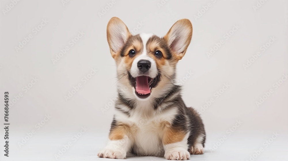 friendly welsh corgi puppy sitting with tongue out and winking on white friendly welsh corgi puppy sitting with tongue out and winking on white