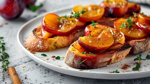 A gourmet breakfast of fruit sweet bruschetta featuring caramel plums, cinnamon, and thyme served on