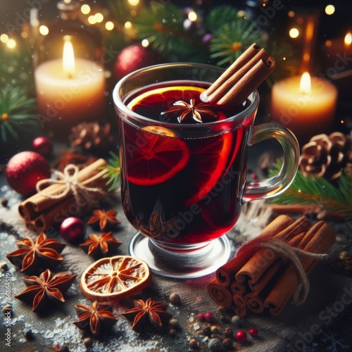 Glass of warm mulled wine with spices and Christmas decoration
