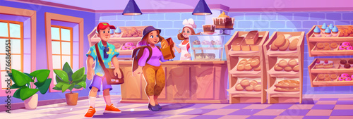 Bakery shop interior with man and woman buyers and salesperson at cash desk. Cartoon vector pastry store with bread and cakes, donuts and cupcakes on wooden display with glass cover and counter.