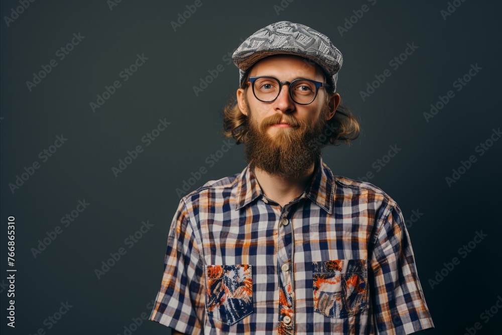 Portrait of a bearded hipster man in glasses and a cap. Studio shot. Portrait of a bearded hipster man in glasses and a cap. Studio shot.