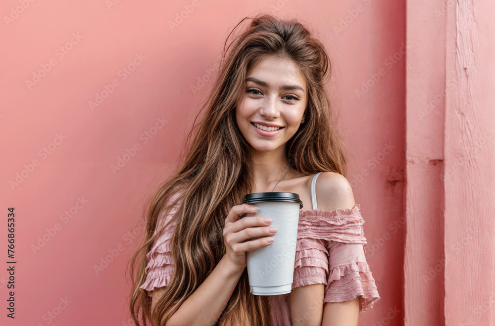 Photo Ai of good mood lady enjoying tea, coffee isolated pastel color background. Photo Ai of good mood lady enjoying tea, coffee isolated pastel color background.